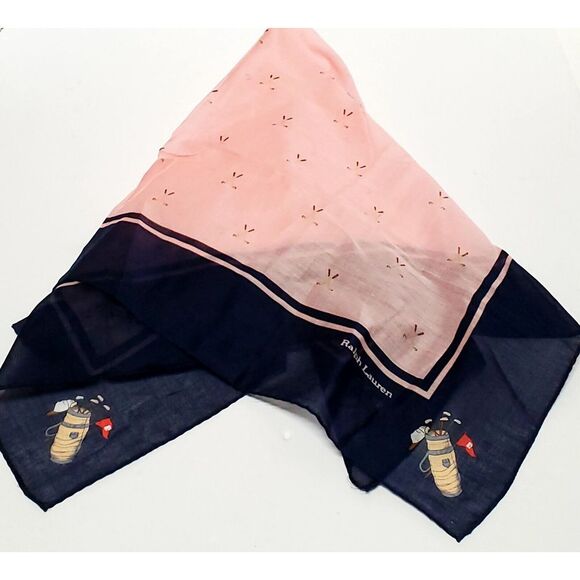 VTG Ralph Lauren Scarf Cotton Golf Clubs Bordered Pink/ Navy Printed 1980s Label - Picture 3 of 9